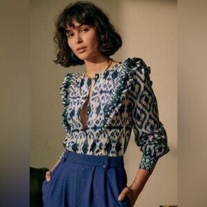 Sezane Boby Shirt Long Sleeve Ruffle Blouse Blue Ikat Print Size 36